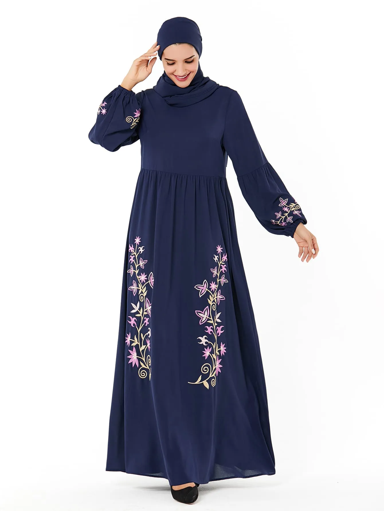 Floral Embroidery Bishop Sleeve Dress Without Headscarf