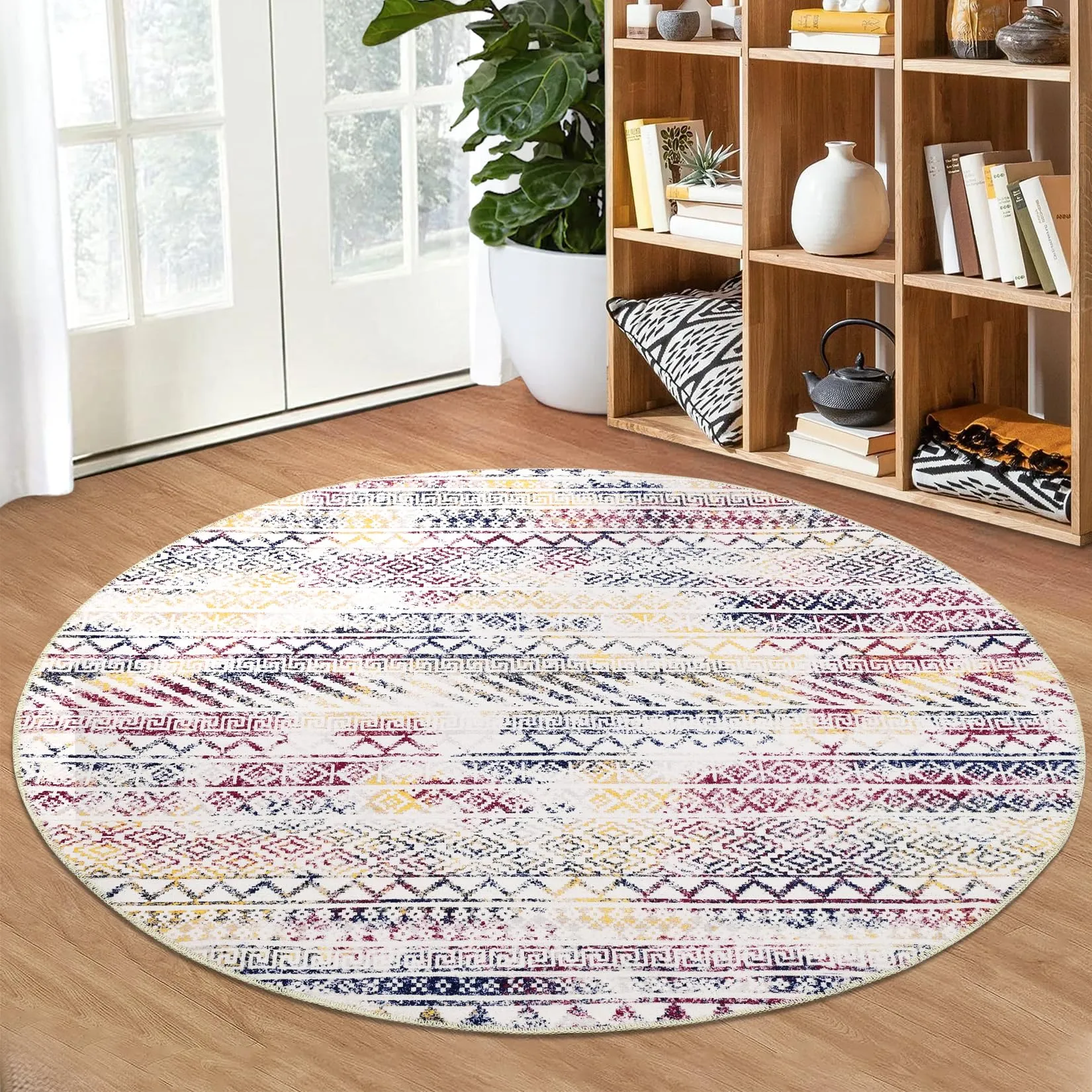 GARVEE Geometric Boho 4ft Round Rug Round Boho Area Rug Vintage Moroccan Low Pile Non-Shedding Round Area Rug Machine Washable Black White Circle Rug Non-Slip Low Pile Floor Cover Foldable Thin Rug