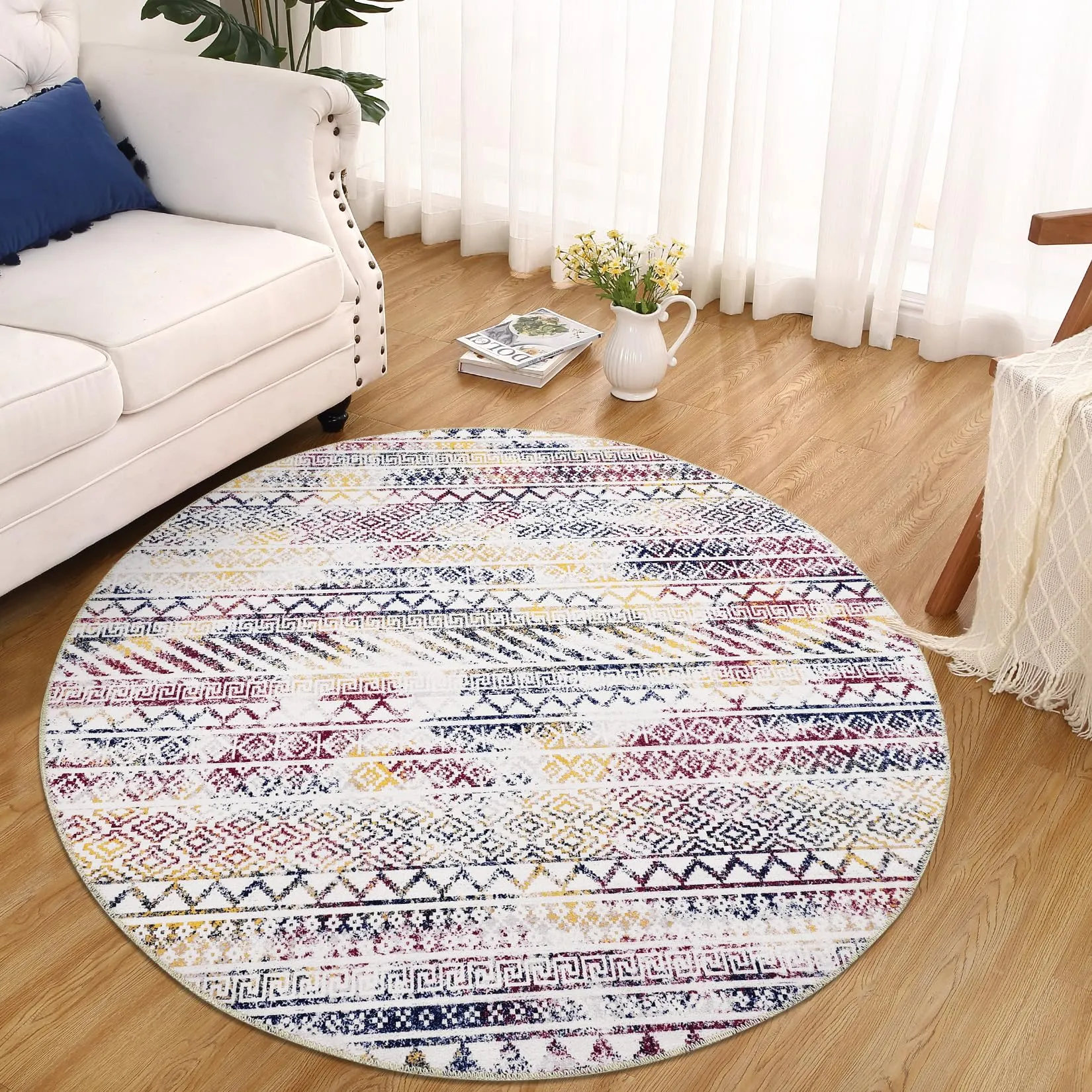 GARVEE Geometric Boho 4ft Round Rug Round Boho Area Rug Vintage Moroccan Low Pile Non-Shedding Round Area Rug Machine Washable Black White Circle Rug Non-Slip Low Pile Floor Cover Foldable Thin Rug