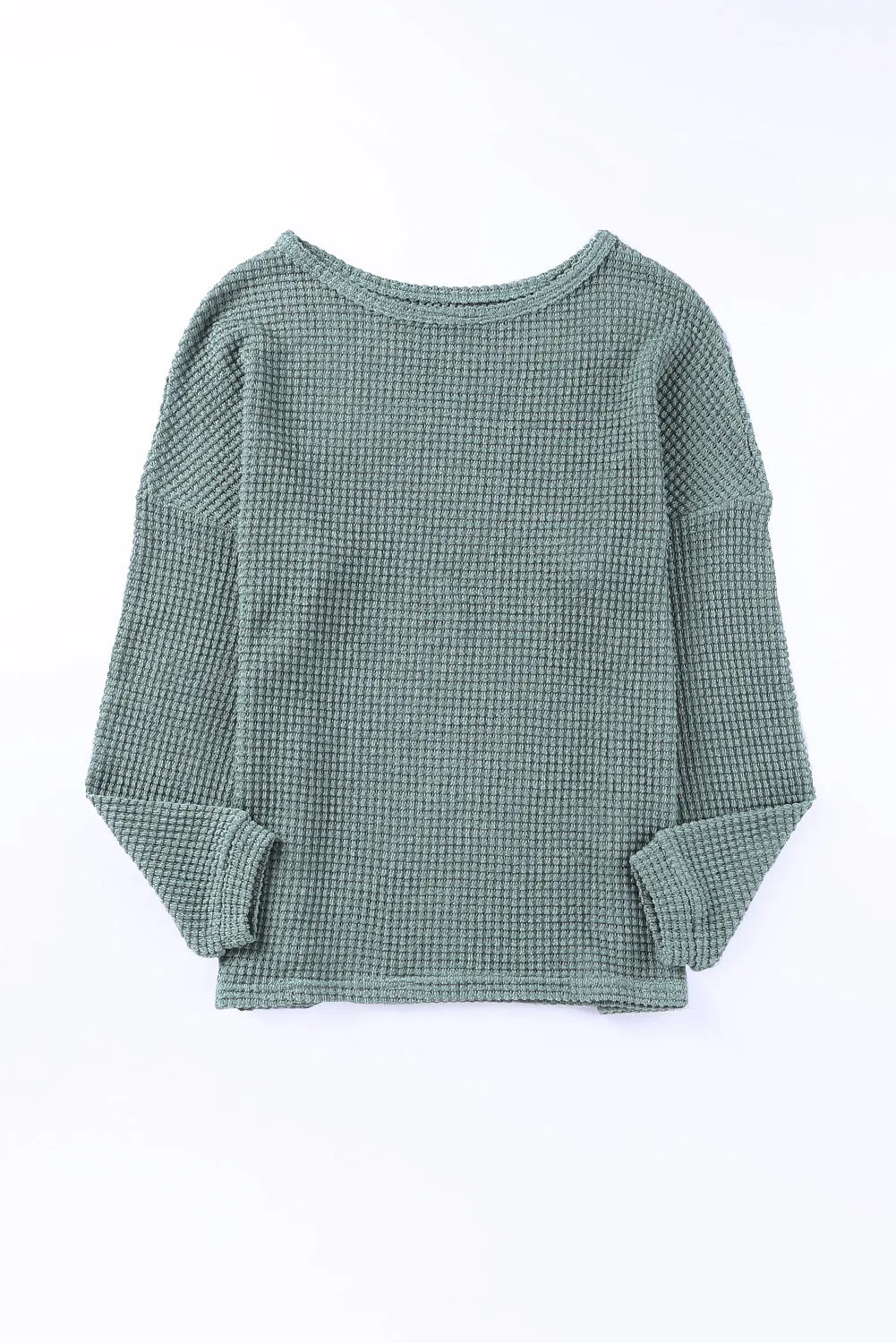 Green Waffle Knit Drop Shoulder Long Sleeve Top