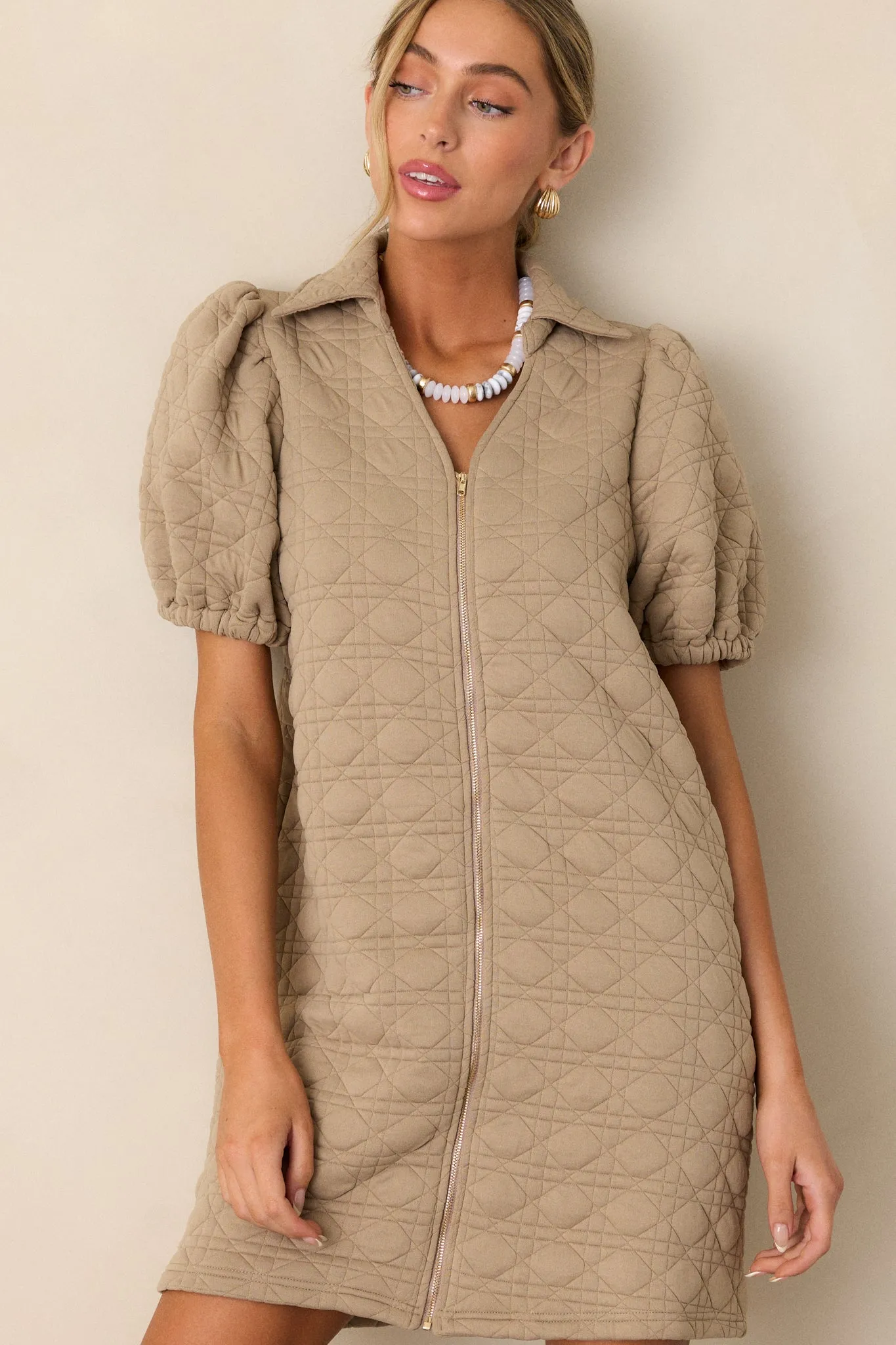 In A Trance Tan Quilted Zip-Up Mini Dress