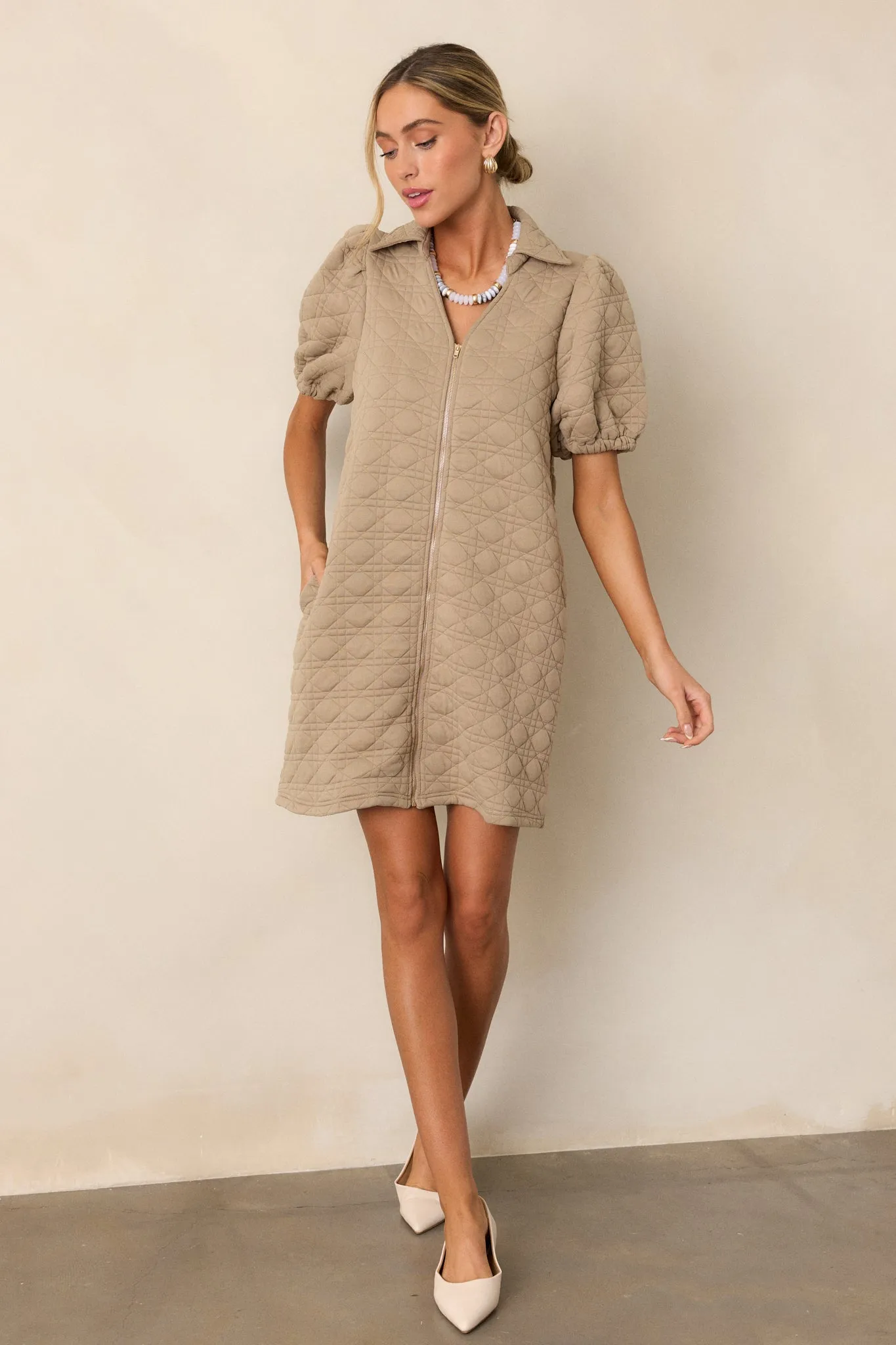 In A Trance Tan Quilted Zip-Up Mini Dress