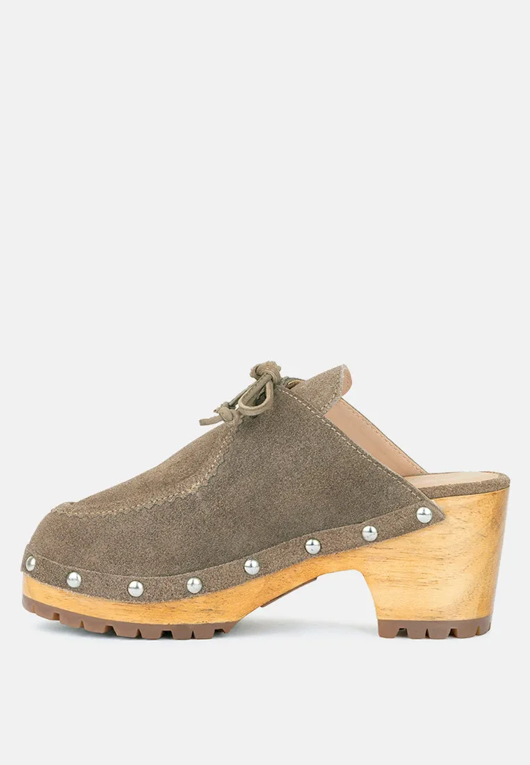 IROKO Taupe Suede Tie Detail Stud Clogs