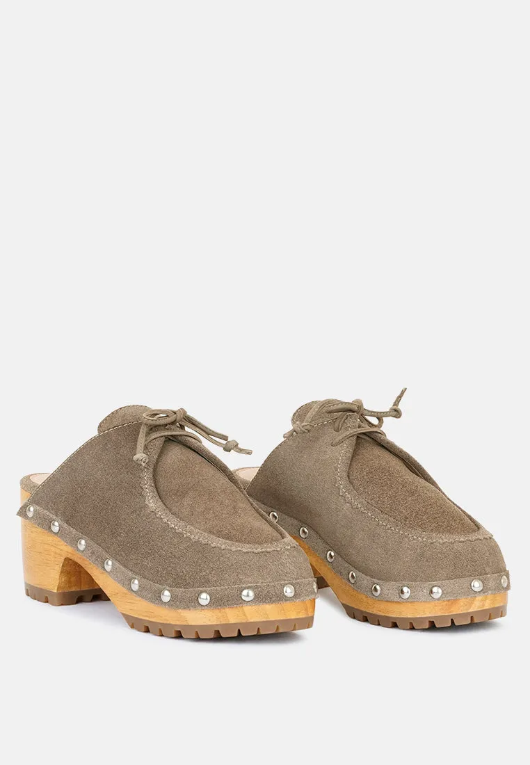 IROKO Taupe Suede Tie Detail Stud Clogs