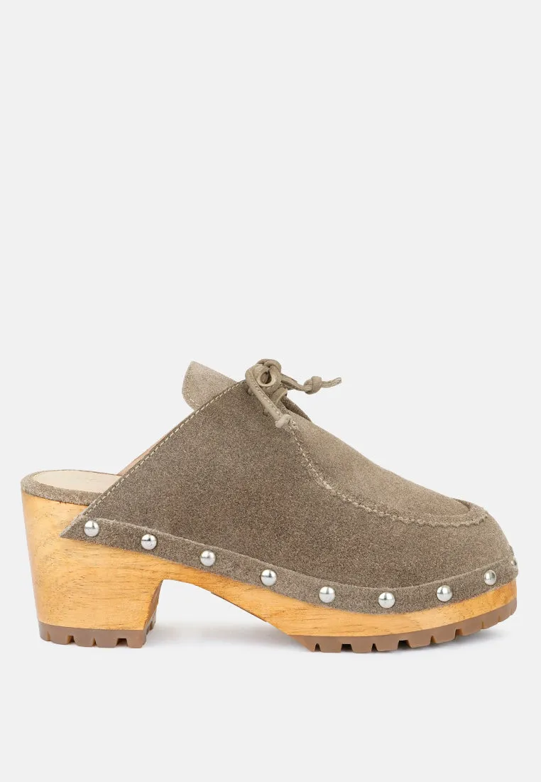 IROKO Taupe Suede Tie Detail Stud Clogs