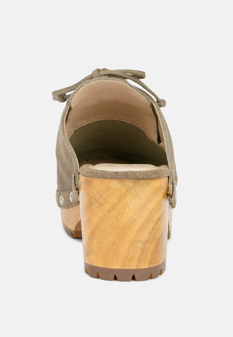 IROKO Taupe Suede Tie Detail Stud Clogs