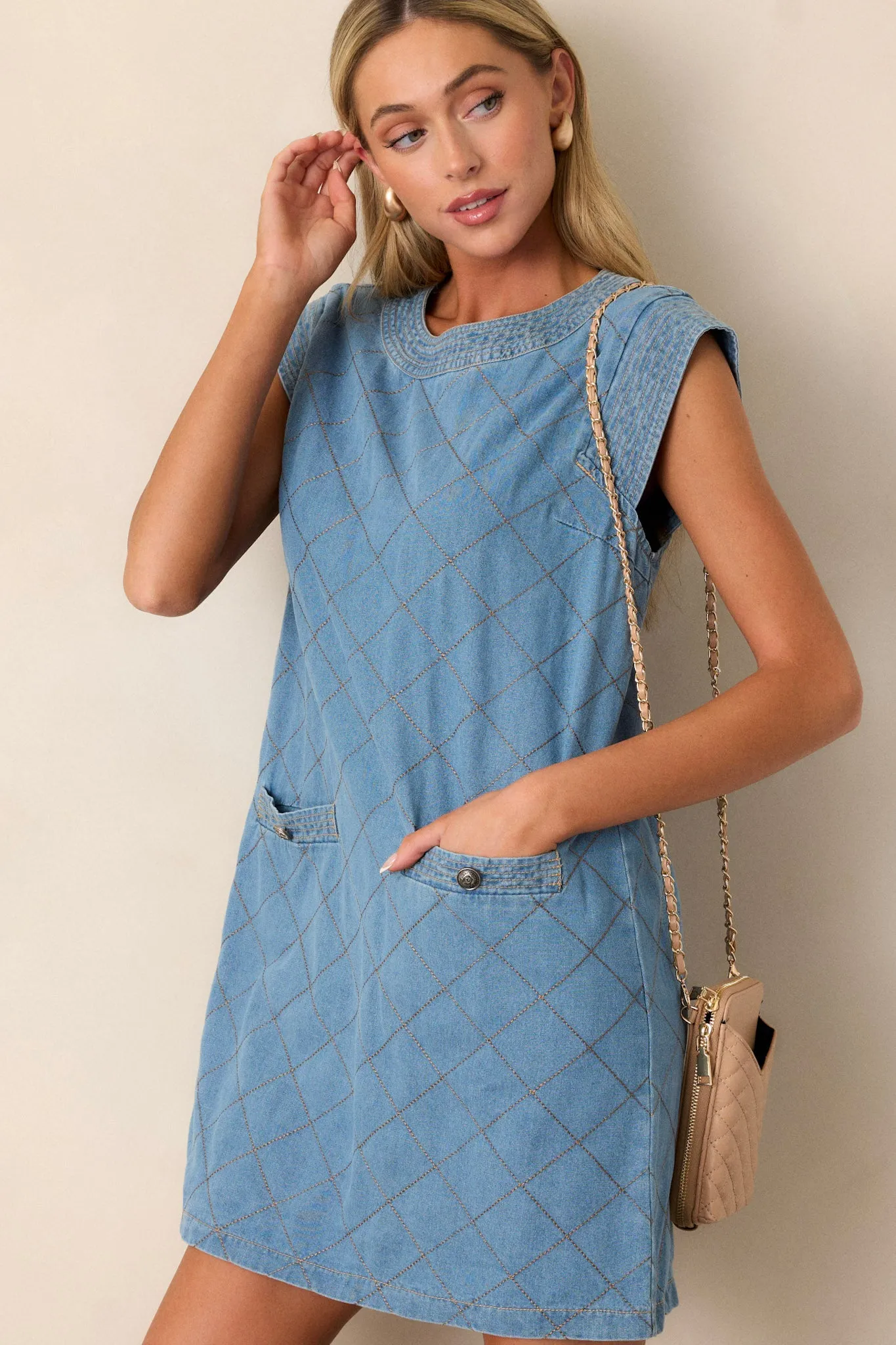 Just Wondering Light Chambray Quilted Mini Dress