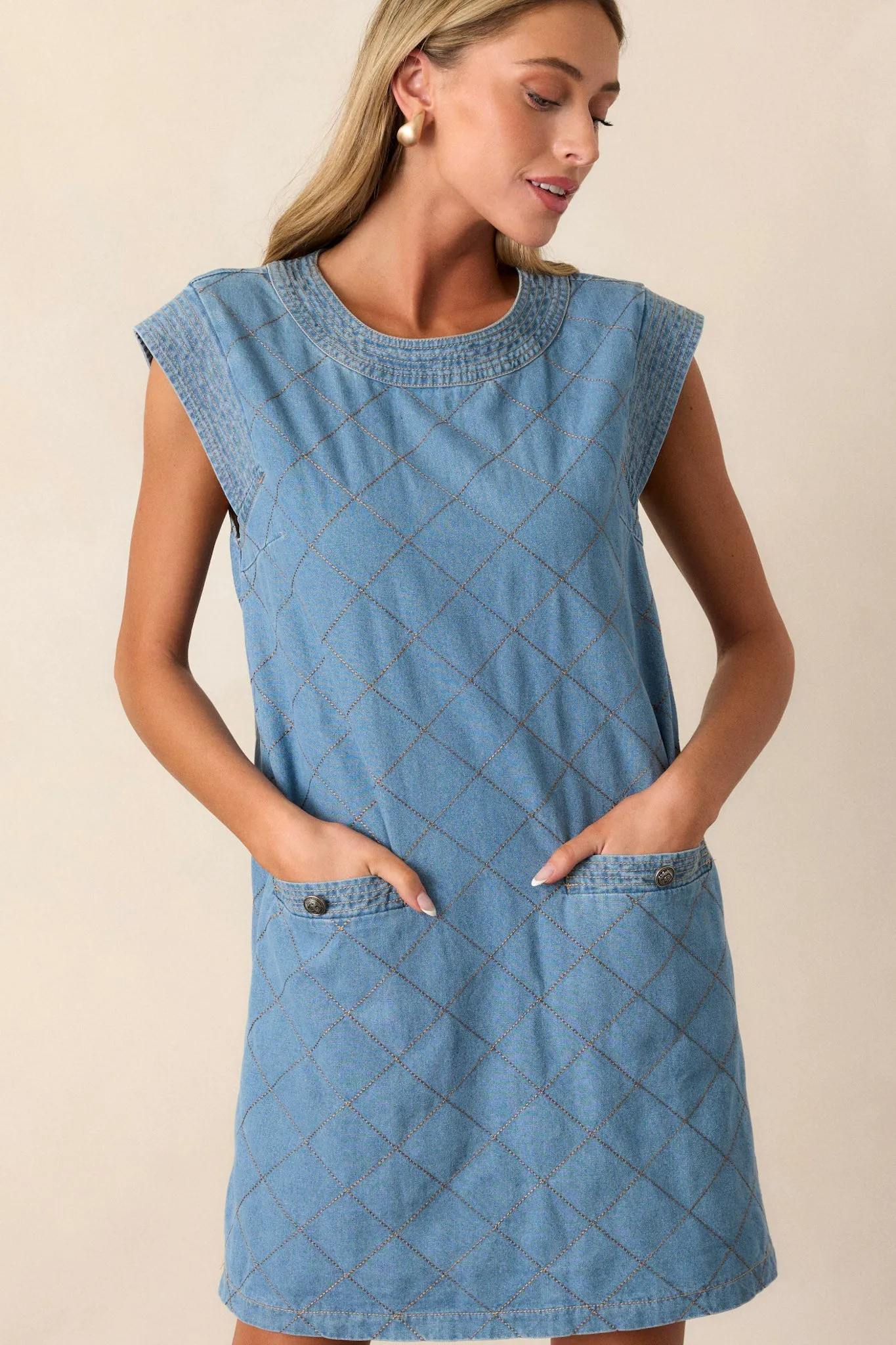 Just Wondering Light Chambray Quilted Mini Dress