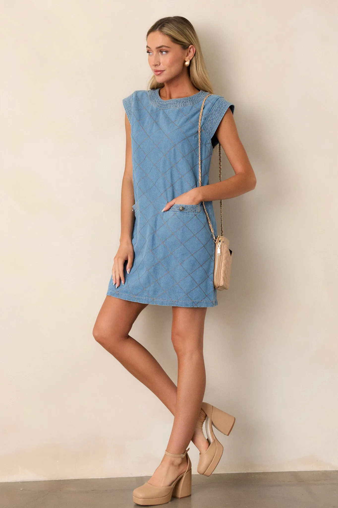 Just Wondering Light Chambray Quilted Mini Dress