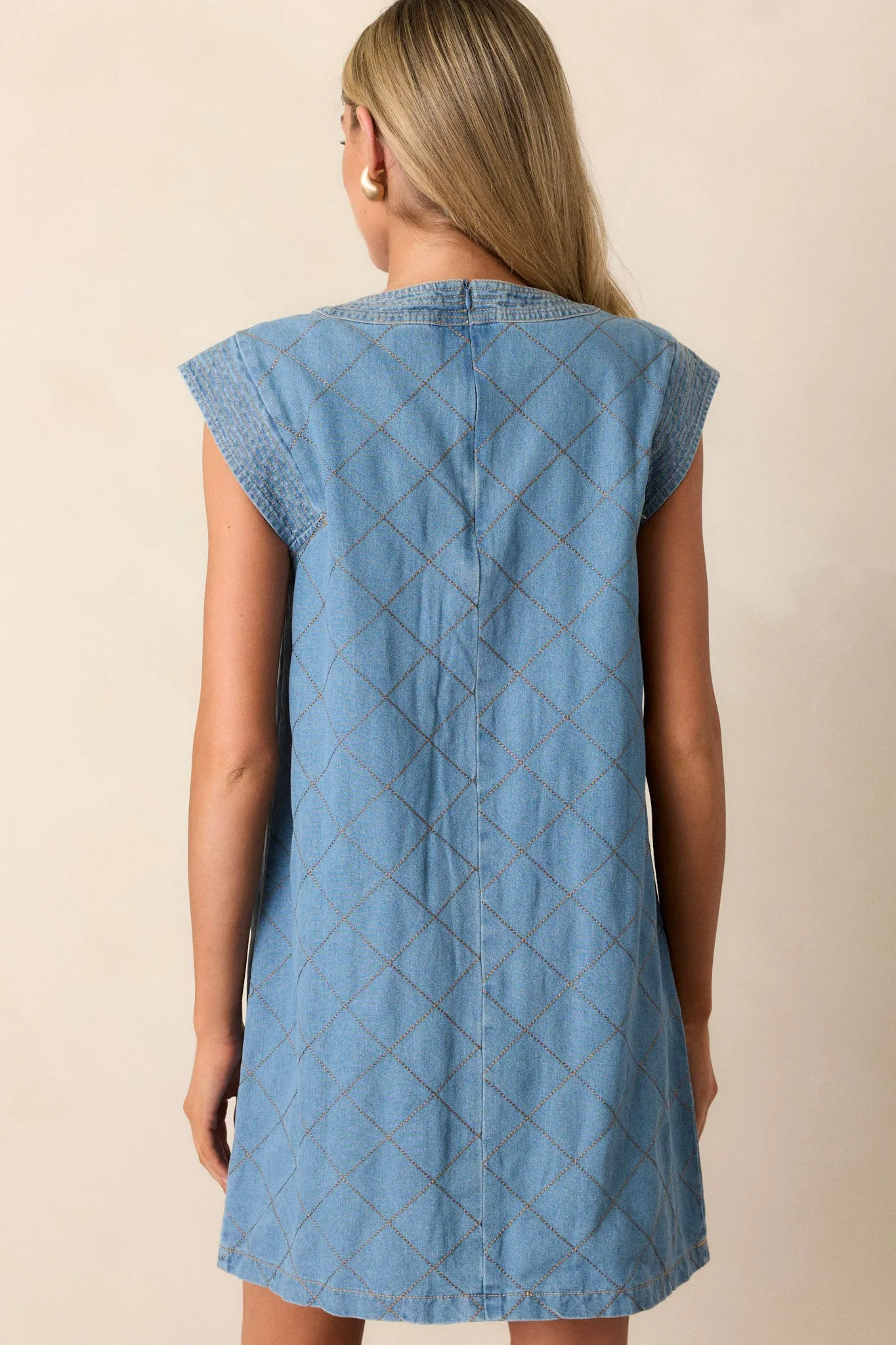 Just Wondering Light Chambray Quilted Mini Dress