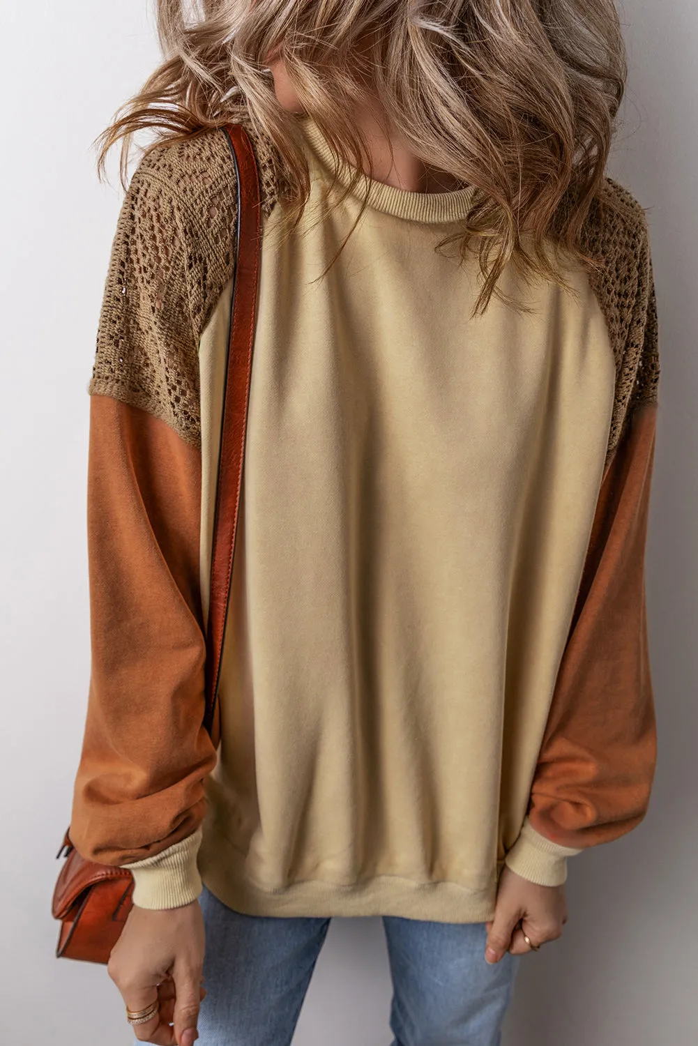 Khaki Lace Patchwork Colorblock Drop Shoulder Sweatshirt