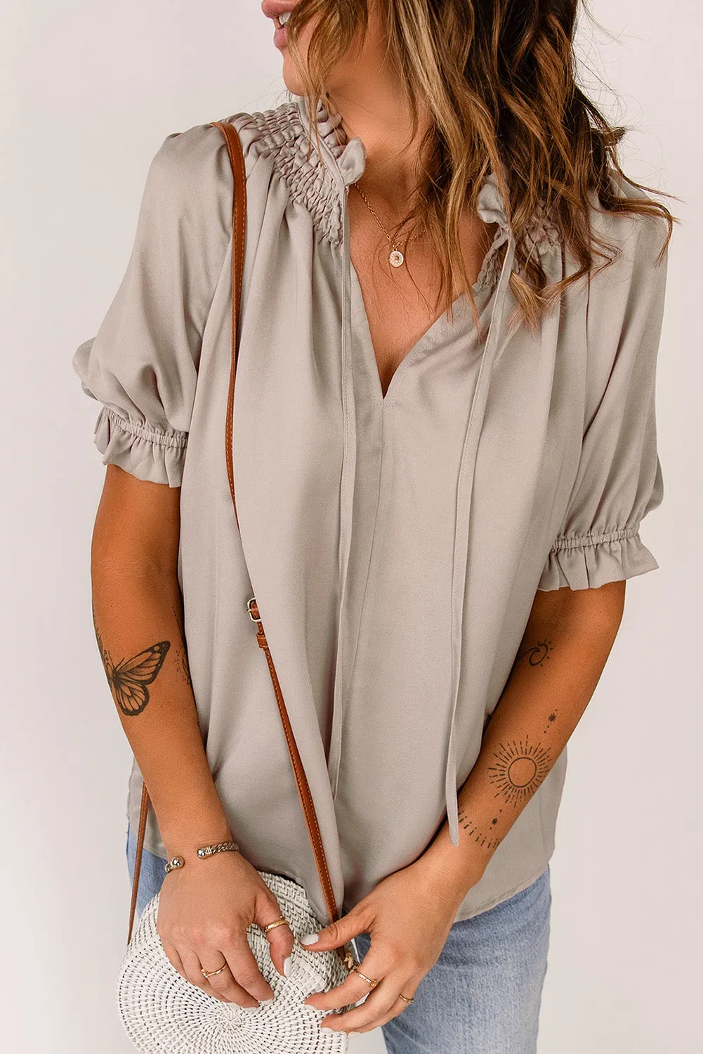 Khaki Split Frill Neck Puff Sleeve Blouse