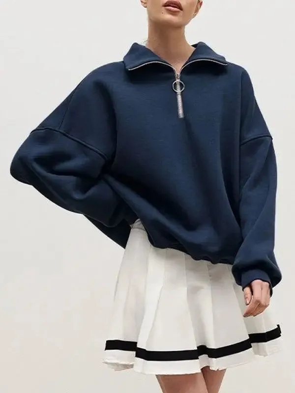 Lapel SolidColor Half Zip Sweatshirt