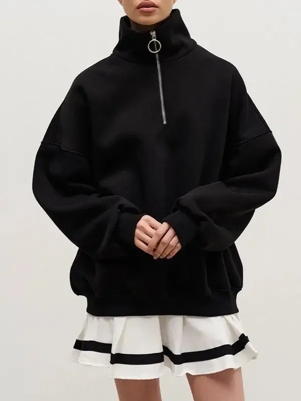 Lapel SolidColor Half Zip Sweatshirt