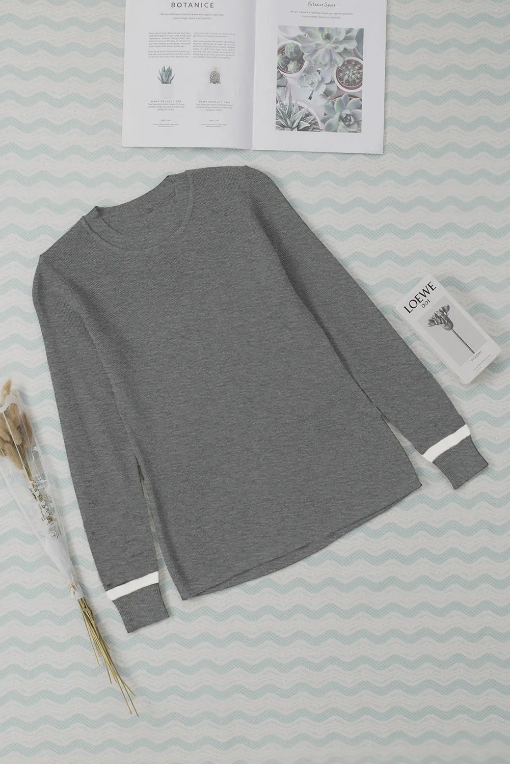 Medium Grey Ribbed Trim Crew Neck Long Sleeve Sweater