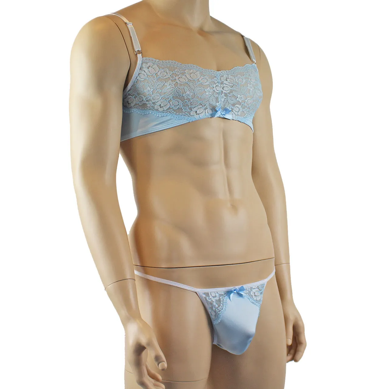 Mens Luxury Spandex & Lace Bra Top and G string Light Blue