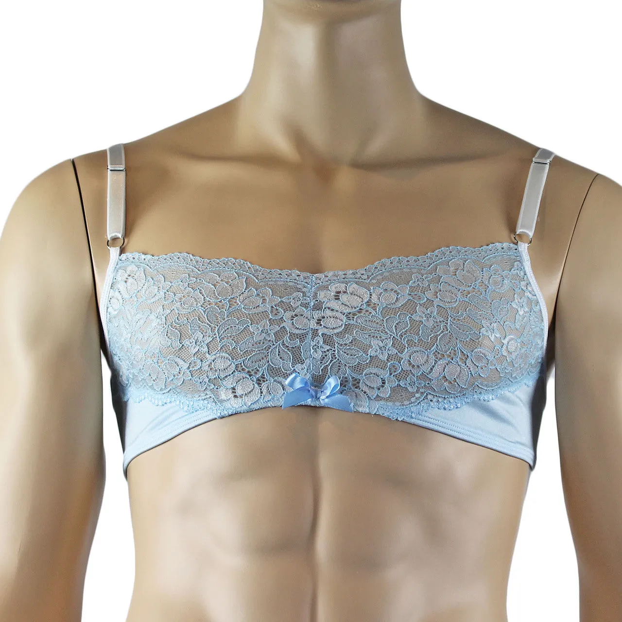 Mens Luxury Spandex & Lace Bra Top and G string Light Blue