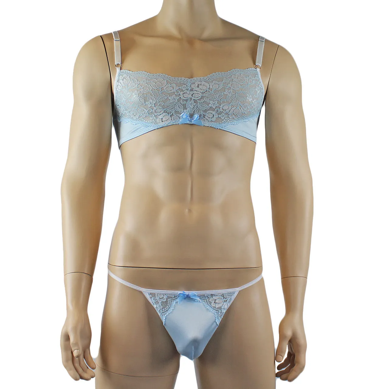 Mens Luxury Spandex & Lace Bra Top and G string Light Blue