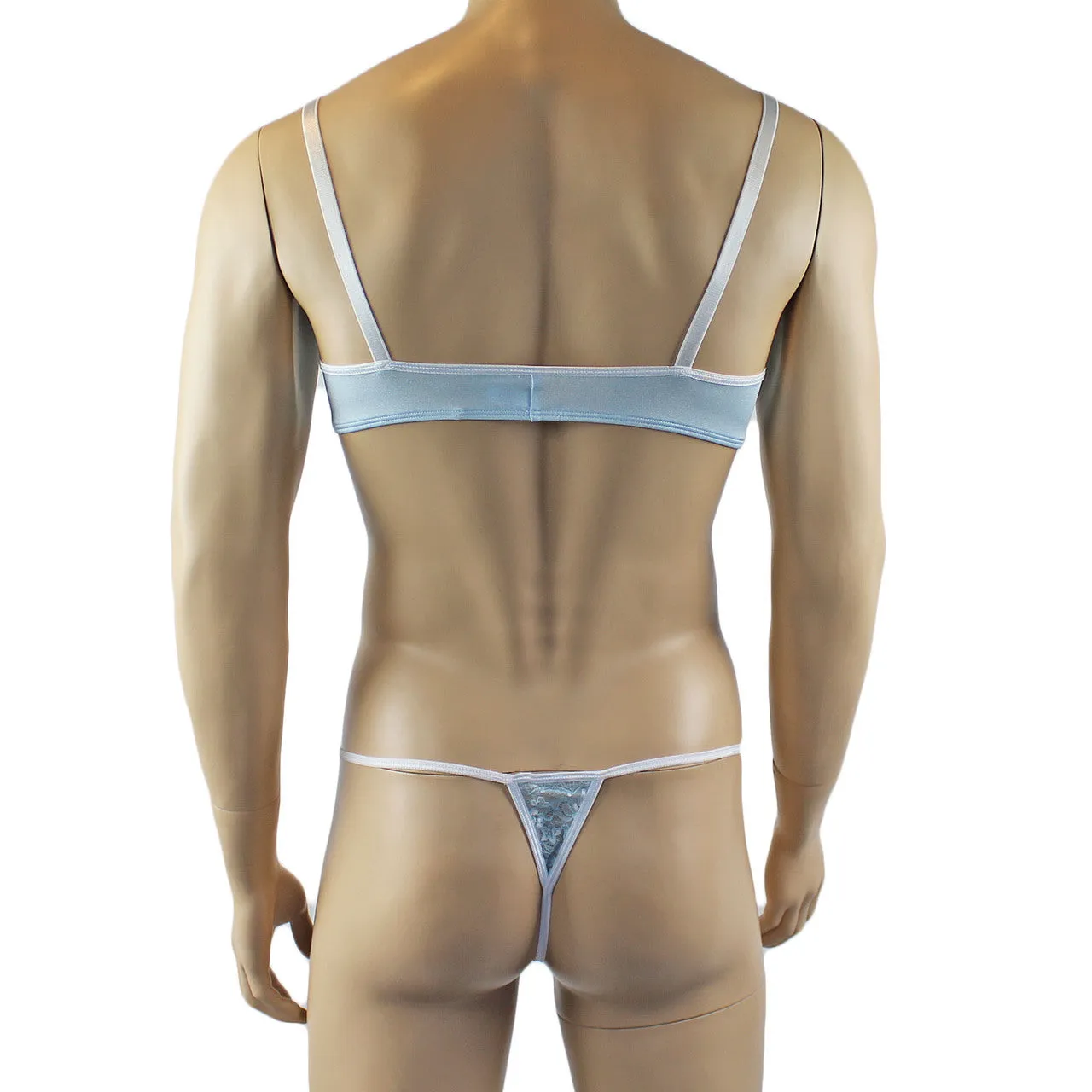 Mens Luxury Spandex & Lace Bra Top and G string Light Blue