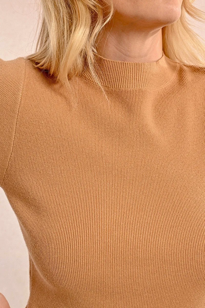 Molly Bracken Close Fitting Short Sleeved Camel Sweater