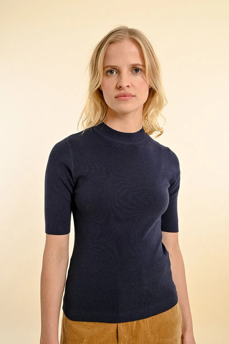 Molly Bracken Navy Close Fitting Short Sleeved Sweater