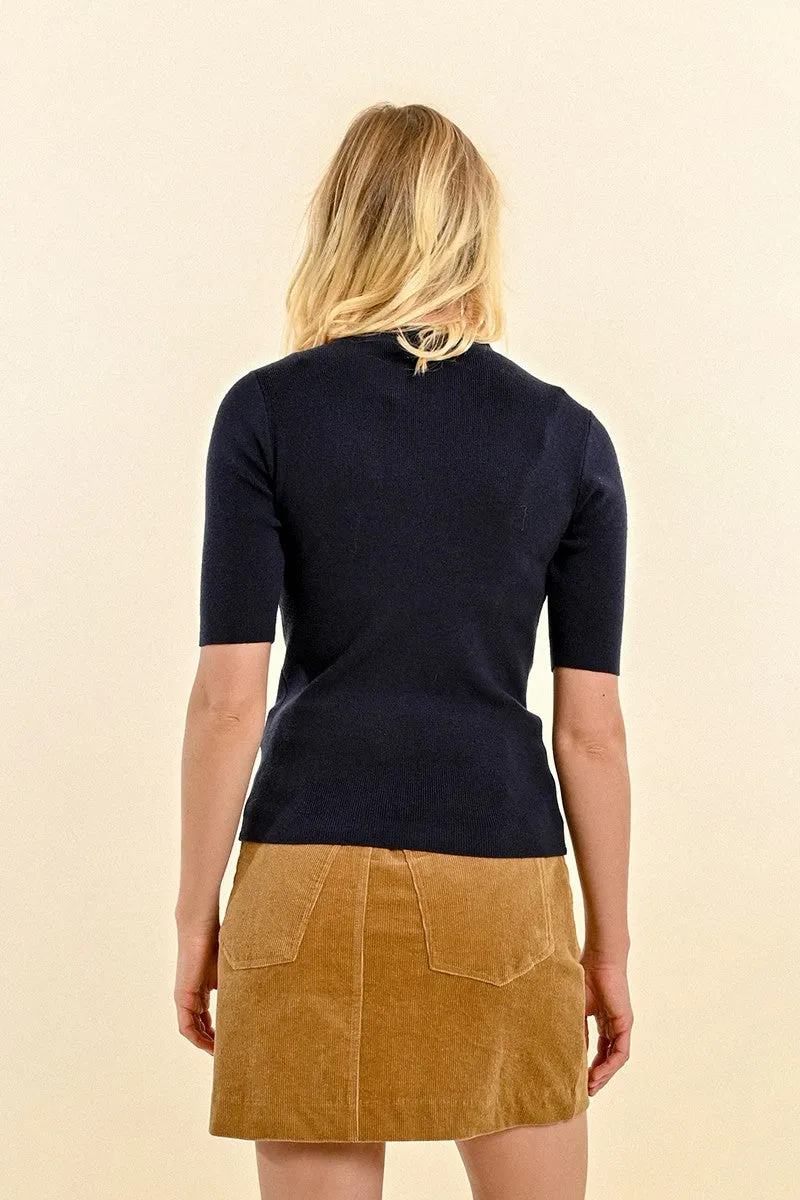 Molly Bracken Navy Close Fitting Short Sleeved Sweater