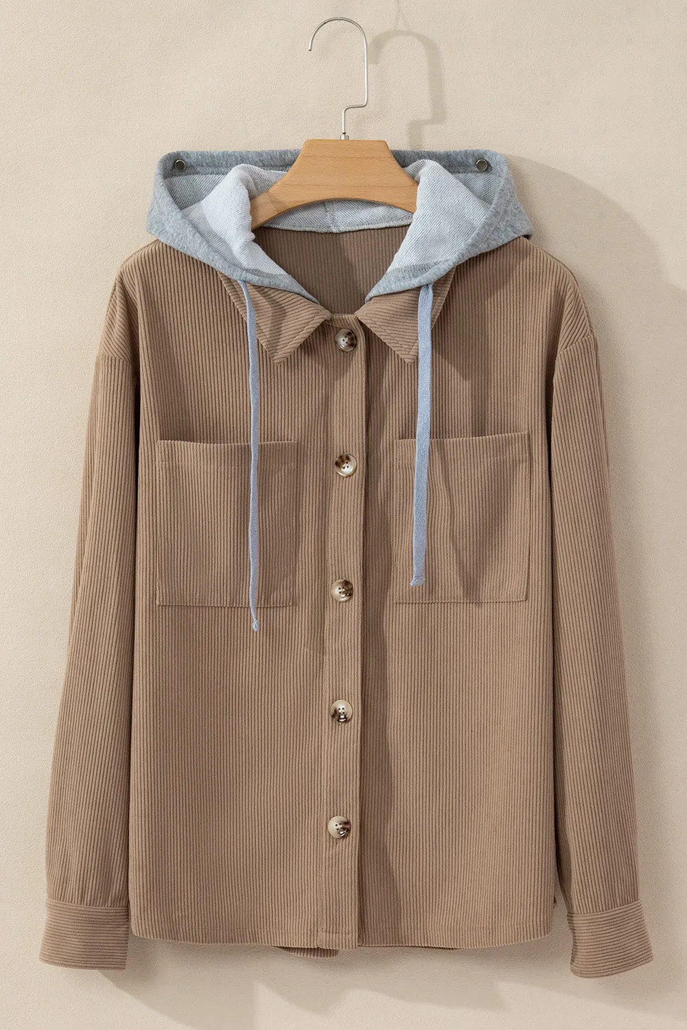 Pale Khaki Hooded Drawstring Pockets Corduroy Shacket