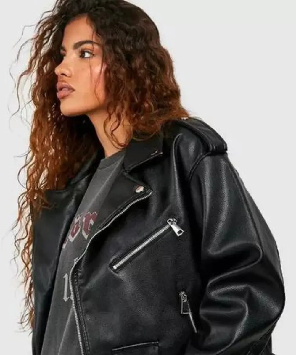 Petite Oversized Leather Biker Jacket