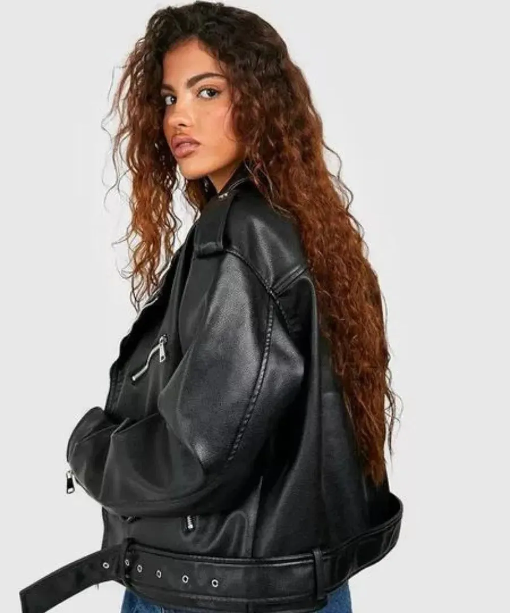 Petite Oversized Leather Biker Jacket