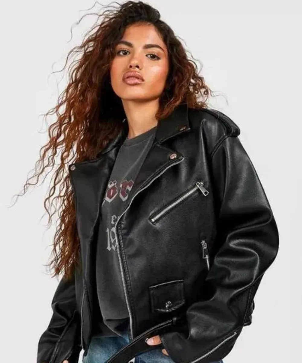 Petite Oversized Leather Biker Jacket