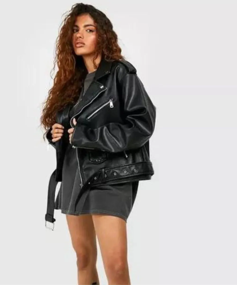 Petite Oversized Leather Biker Jacket