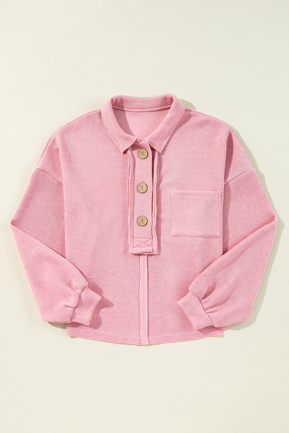 Pink Ribbed Knit Collared Henley Top with Chest Pocket