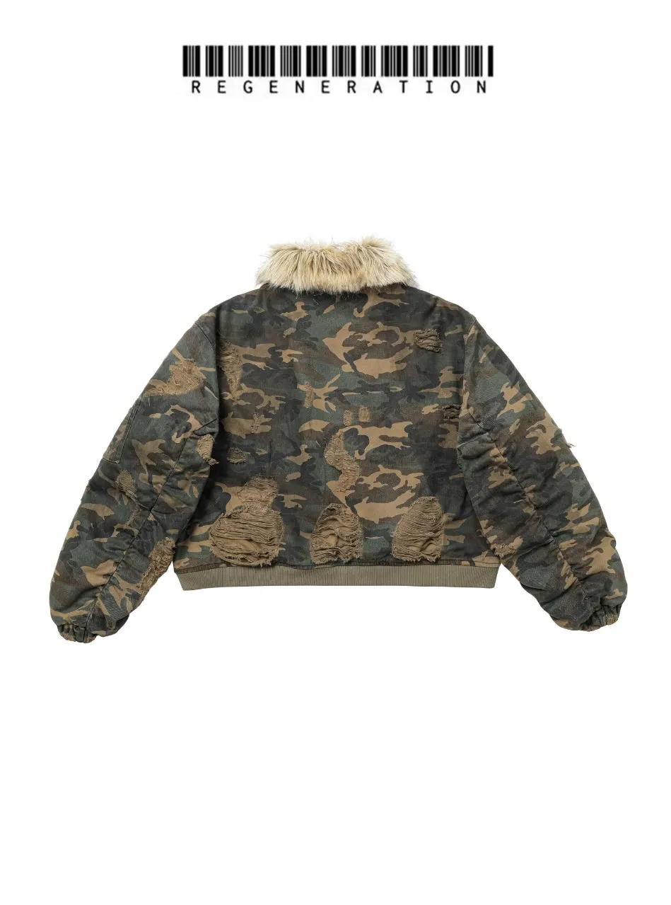 REGEN ZONE Lord of War Washed Camouflage Detachable Fur Collar Flight Jacket