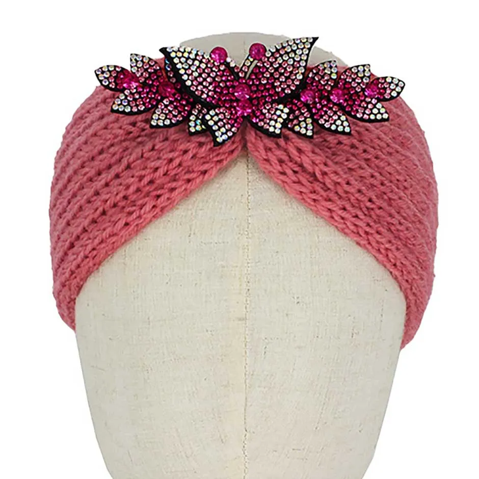 Rhinestone Butterfly Bling Pointed Knit Earmuff Headband