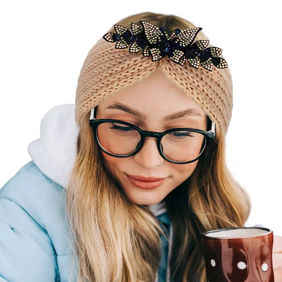 Rhinestone Butterfly Bling Pointed Knit Earmuff Headband