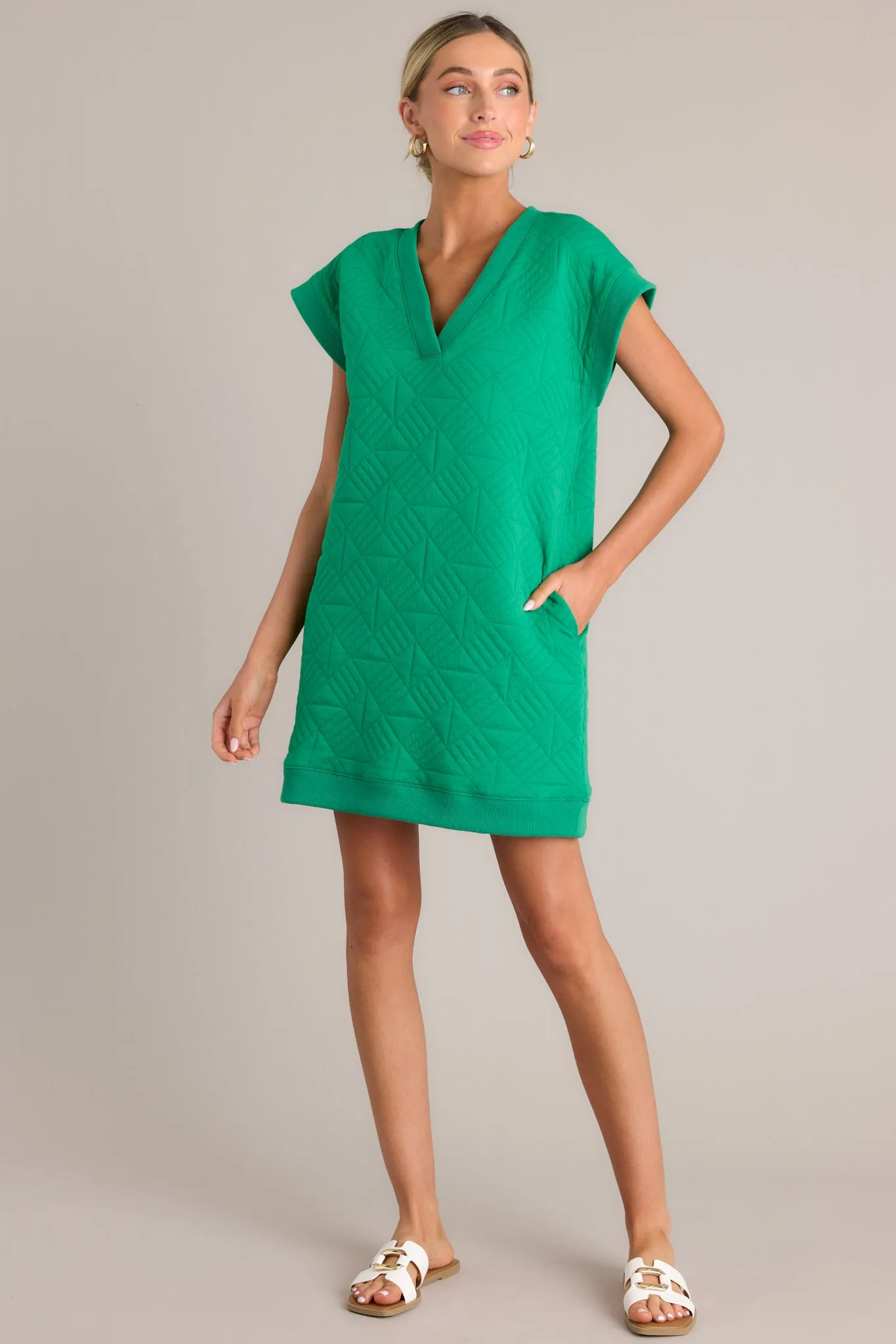 Serene Shades Kelly Green Cap Sleeve Quilted Mini Dress