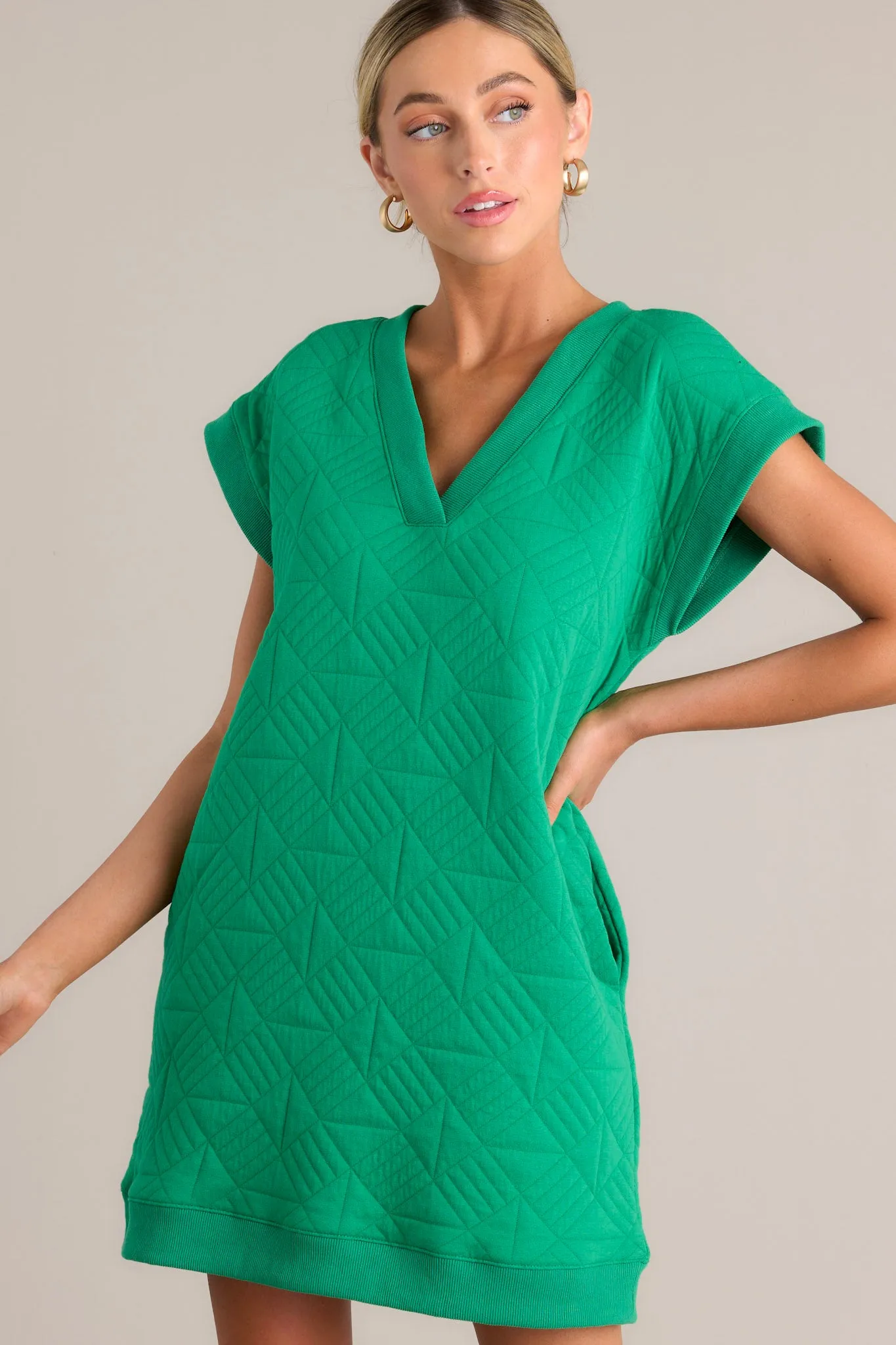 Serene Shades Kelly Green Cap Sleeve Quilted Mini Dress