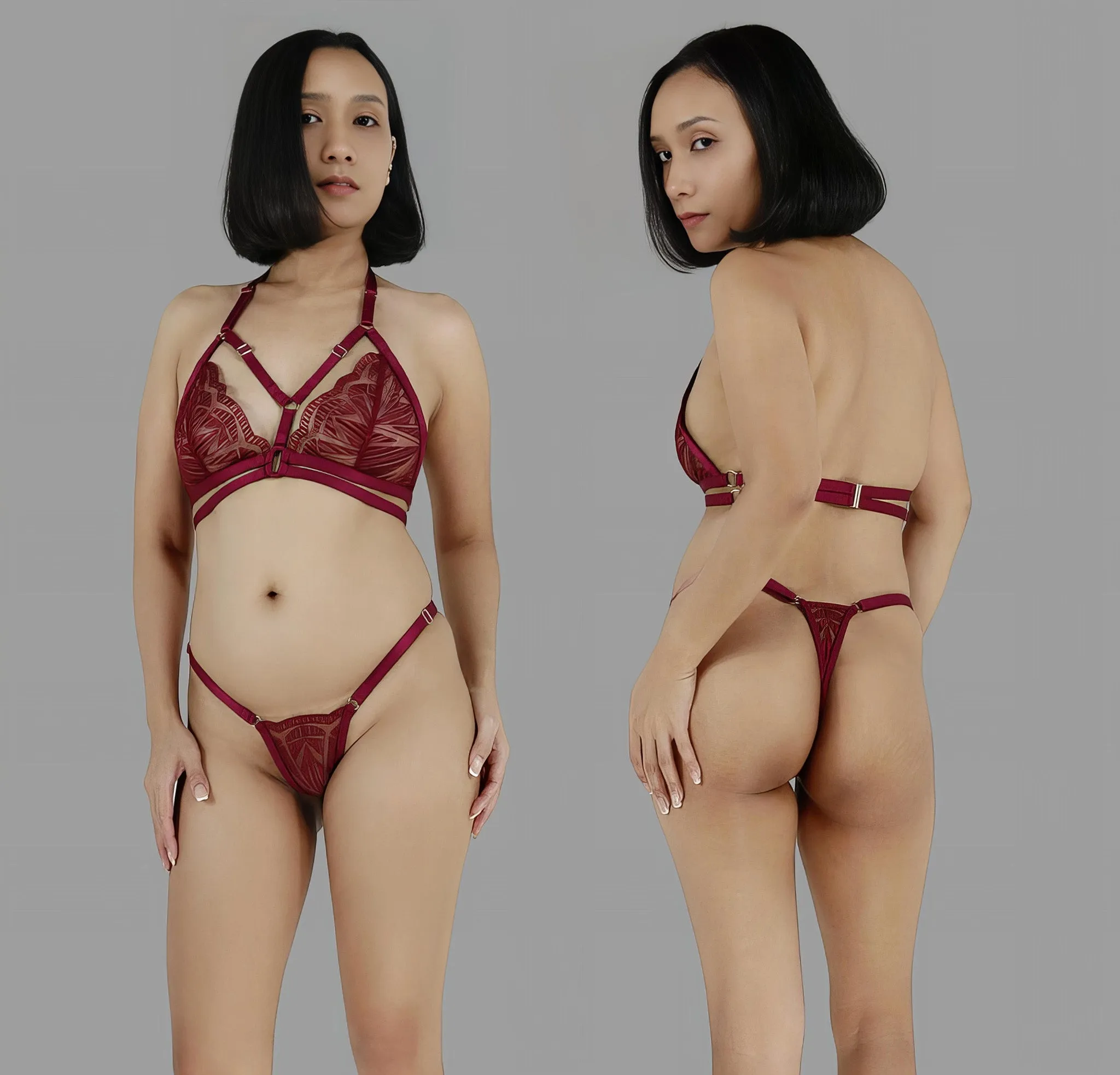 Sexy see through lingerie set in burgundy red lace strappy harness bra sheer adjustable panties g string