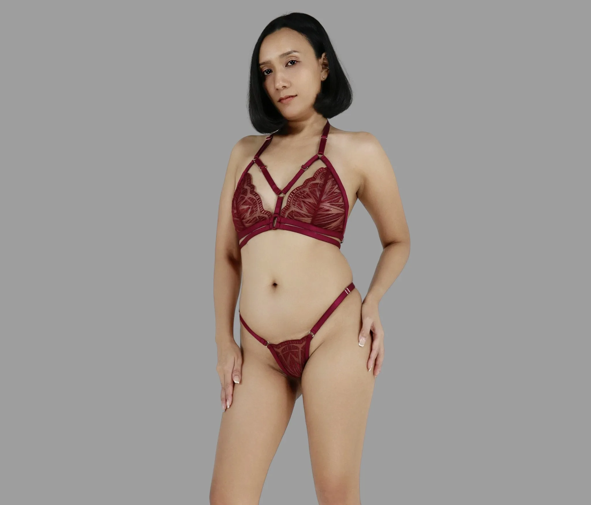 Sexy see through lingerie set in burgundy red lace strappy harness bra sheer adjustable panties g string