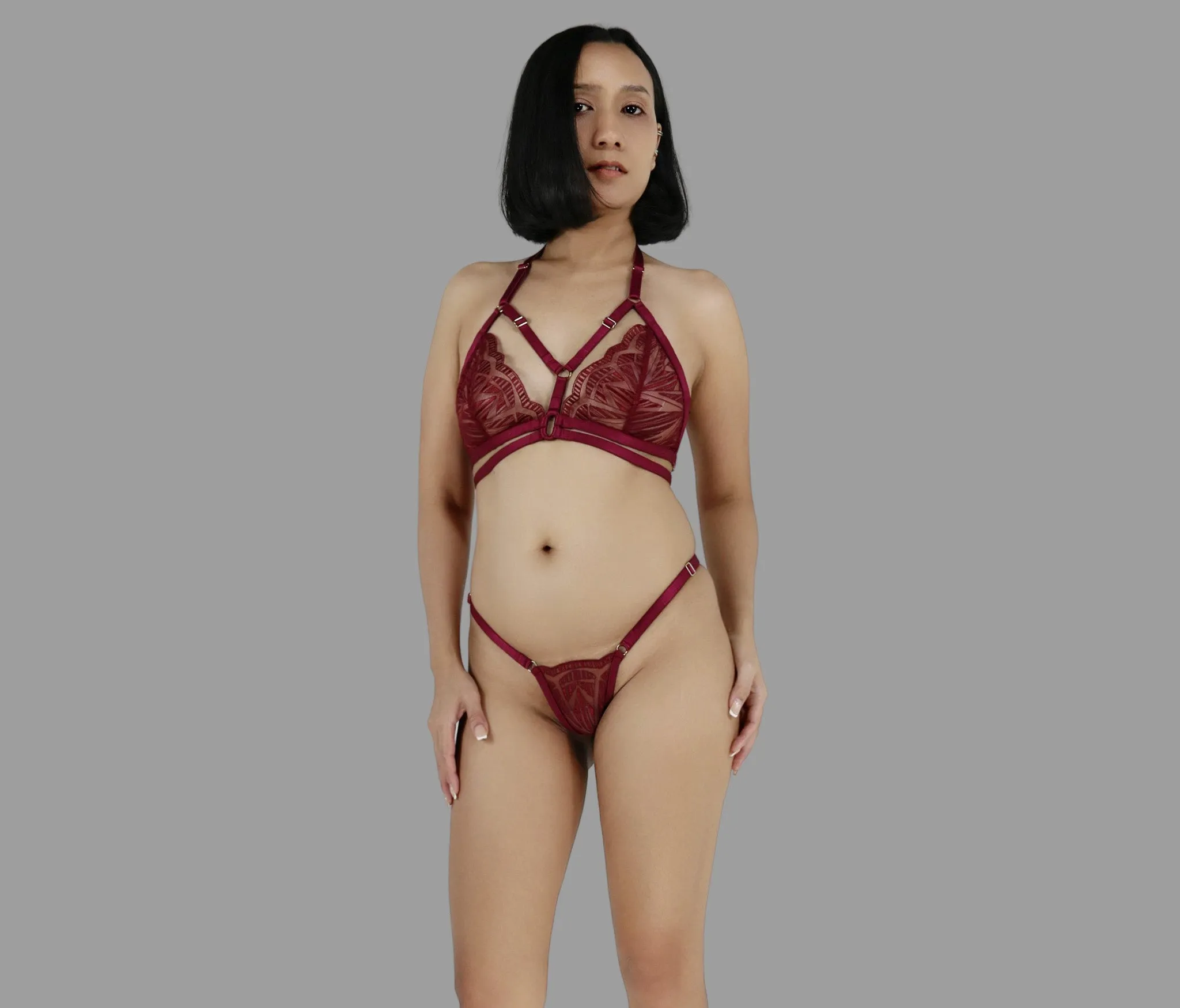 Sexy see through lingerie set in burgundy red lace strappy harness bra sheer adjustable panties g string