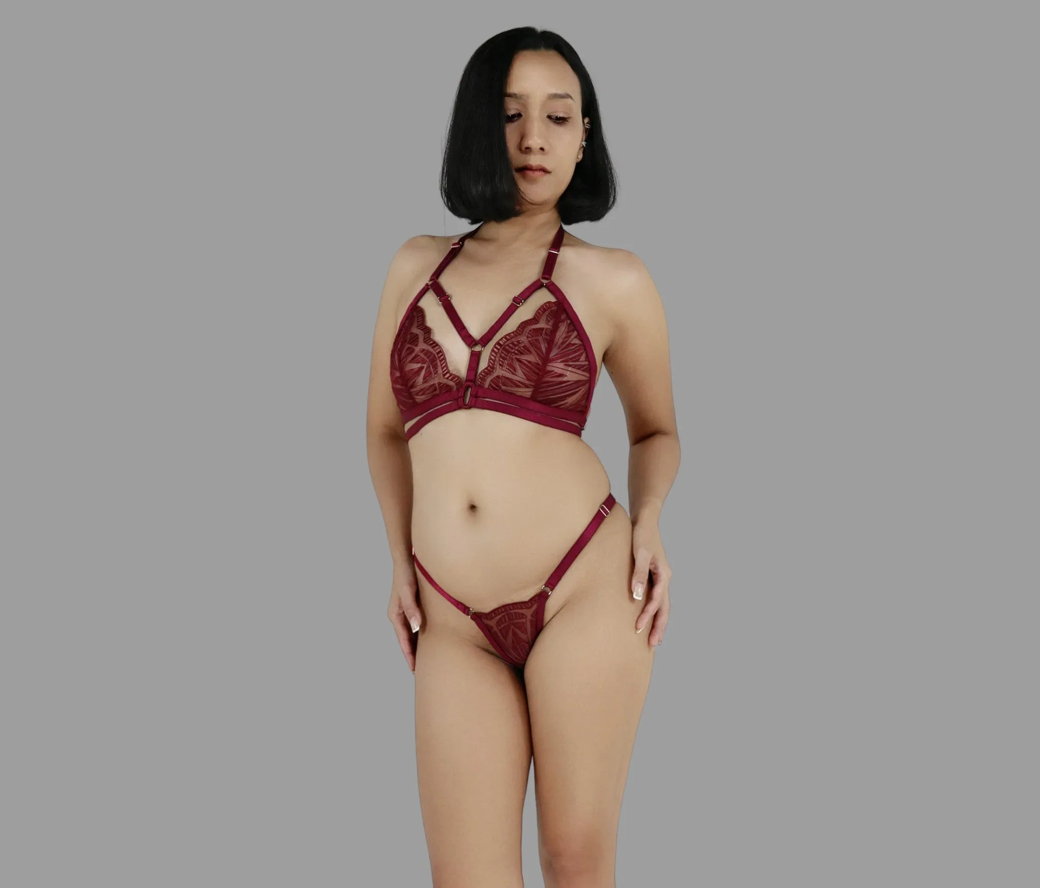 Sexy see through lingerie set in burgundy red lace strappy harness bra sheer adjustable panties g string