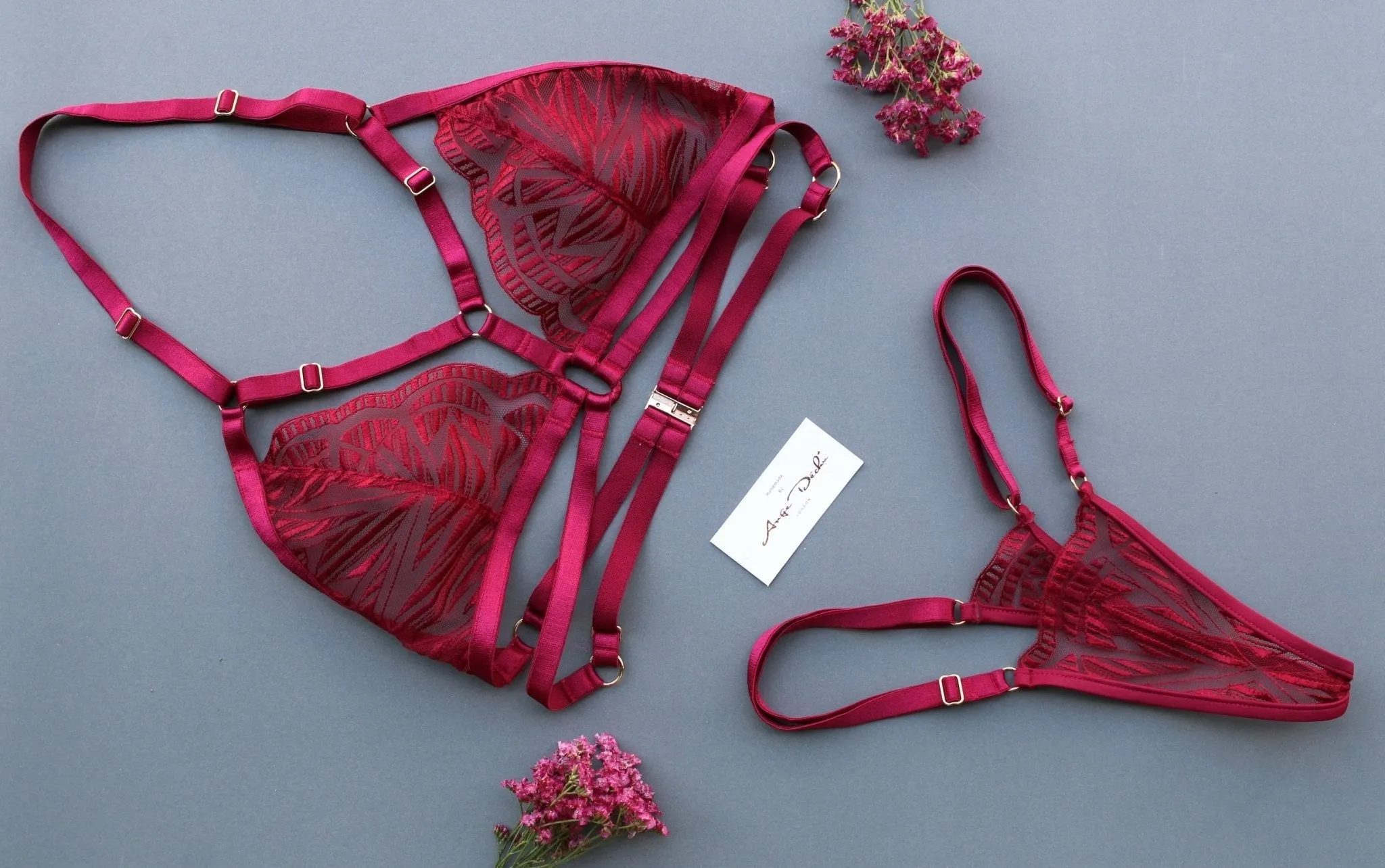 Sexy see through lingerie set in burgundy red lace strappy harness bra sheer adjustable panties g string