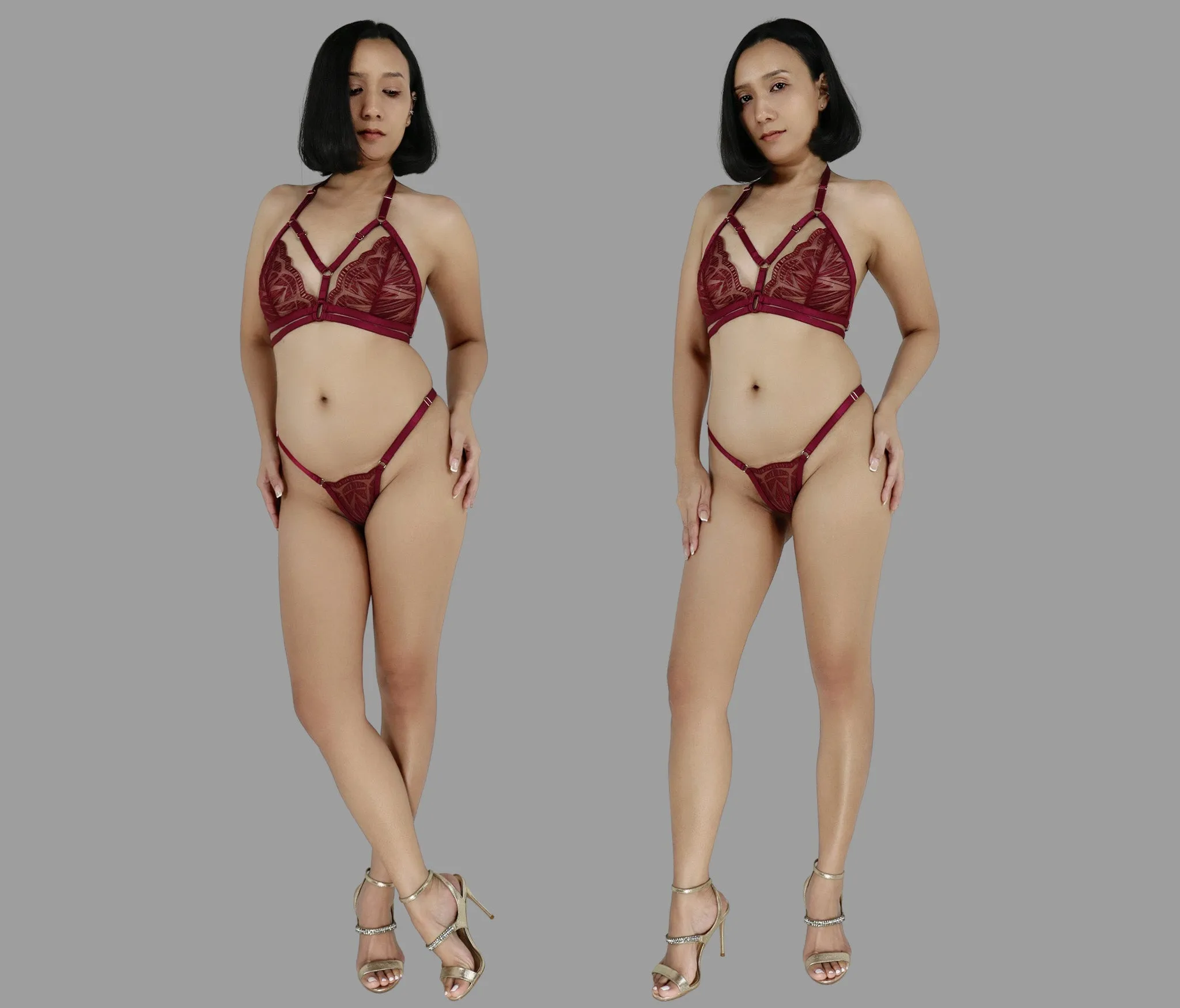 Sexy see through lingerie set in burgundy red lace strappy harness bra sheer adjustable panties g string