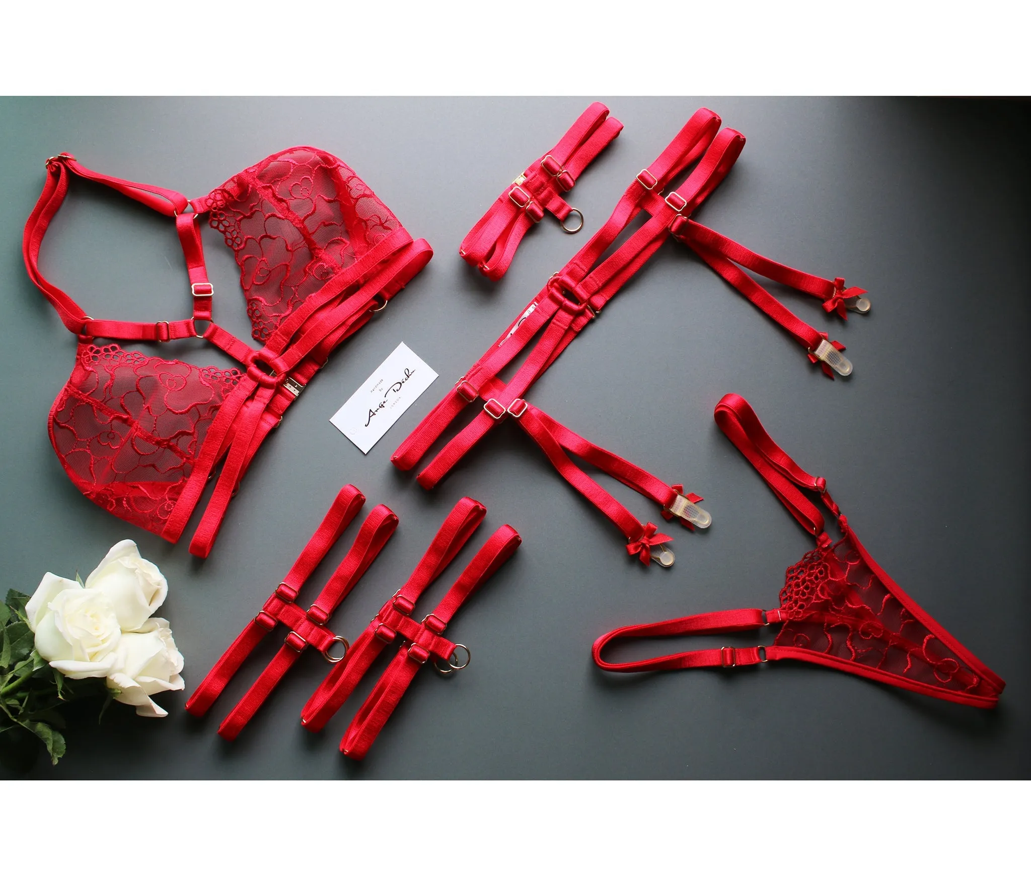 Sexy see through red lace strappy body harness lingerie set