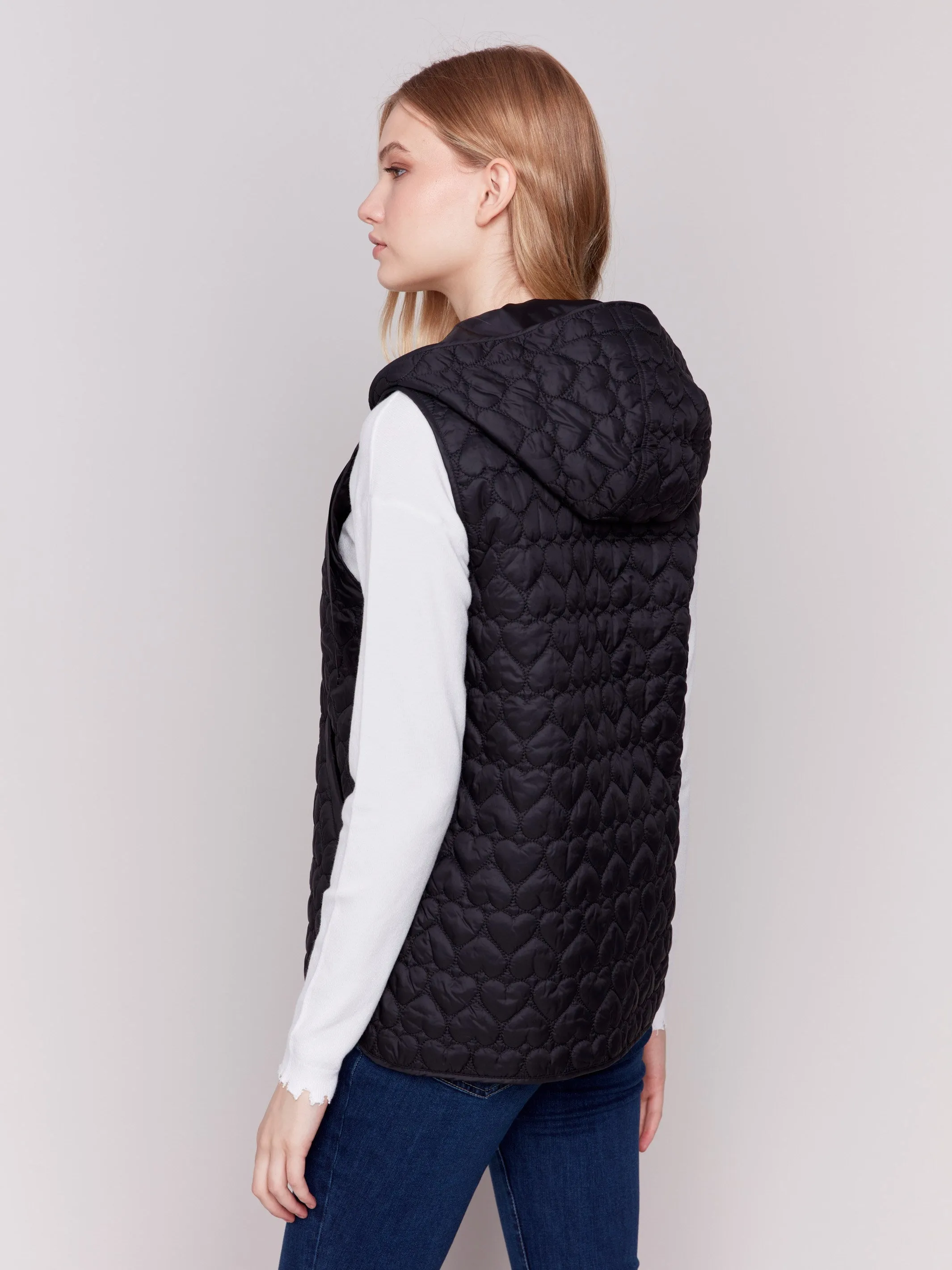 Short Quilted Puffer Vest with Hood - Black