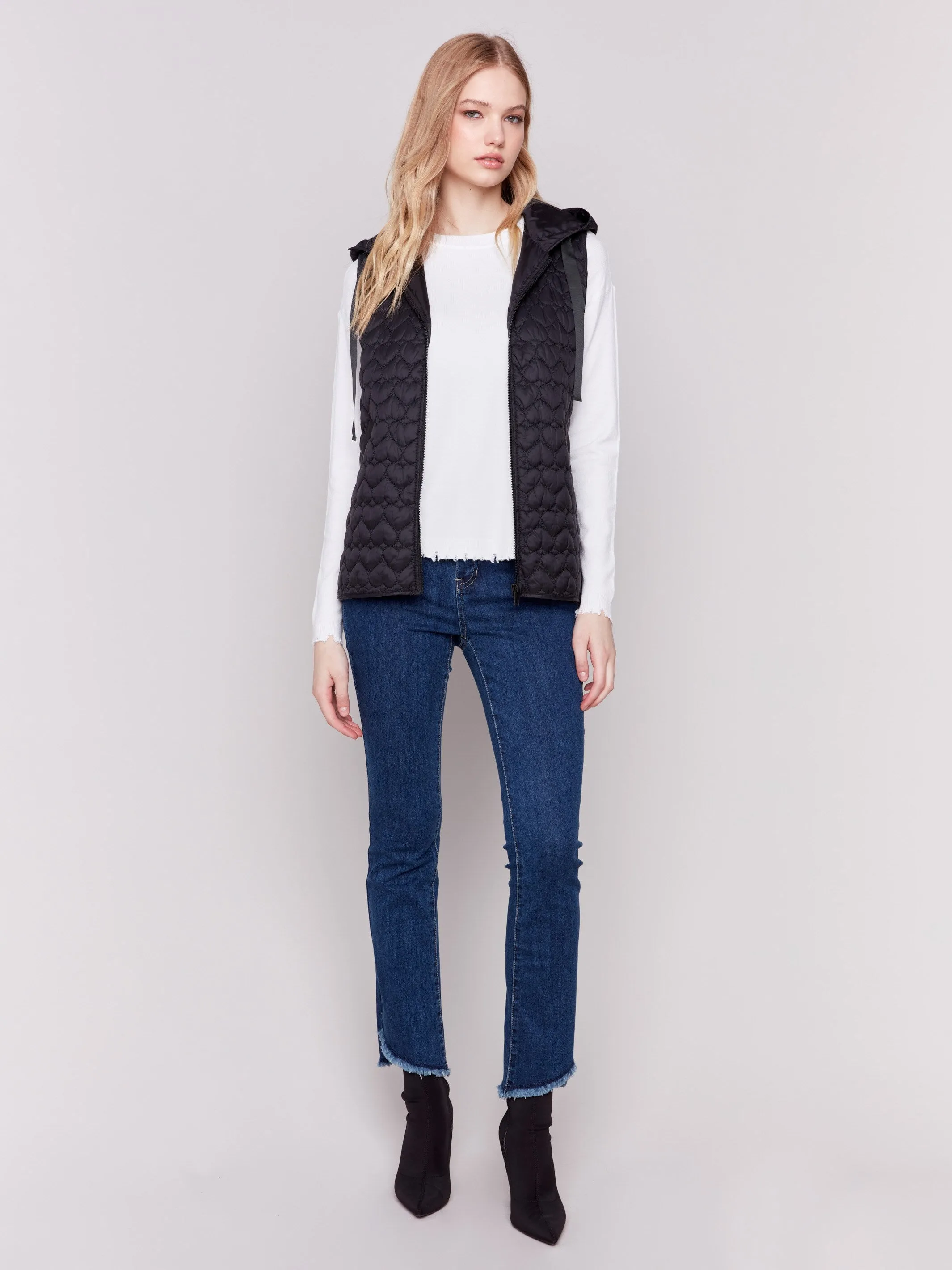 Short Quilted Puffer Vest with Hood - Black