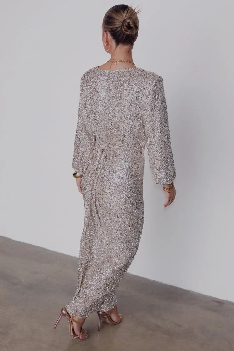 Silver Sequin Kira Wrap Dress Petite