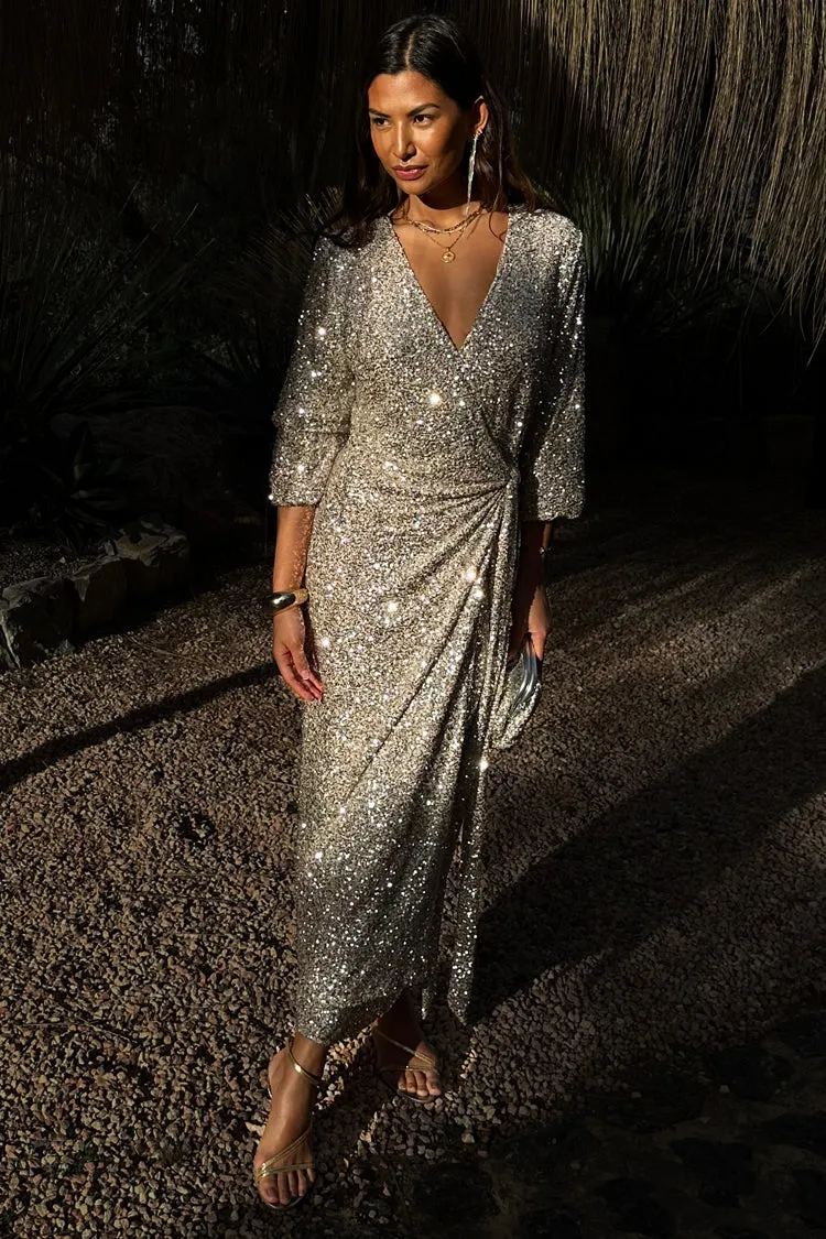 Silver Sequin Kira Wrap Dress