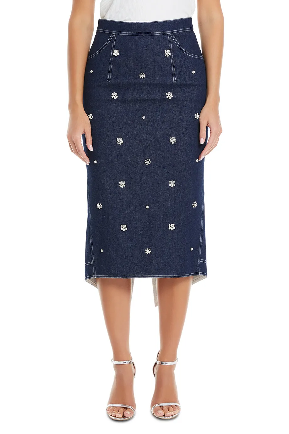 Sonia Crystal Embellished Denim Midi Skirt