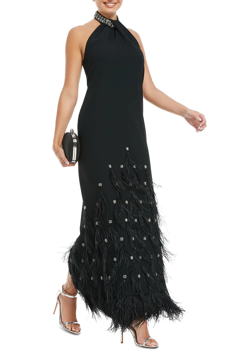 Vic Crystal Embellished Halter Neck Evening Gown